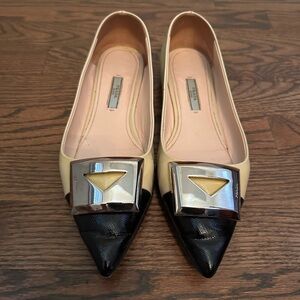 Prada patent leather pointed-toe ballet flats - Beige -Black Silver Size 8 (38)